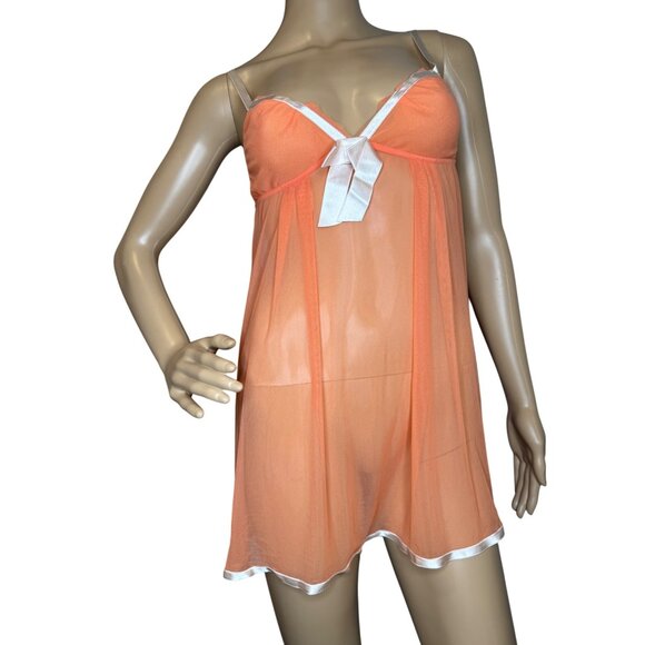 Y2K Victorias Secret Orange Sheer Babydoll Lingerie With White Trim & Bow Adjust - Picture 1 of 4